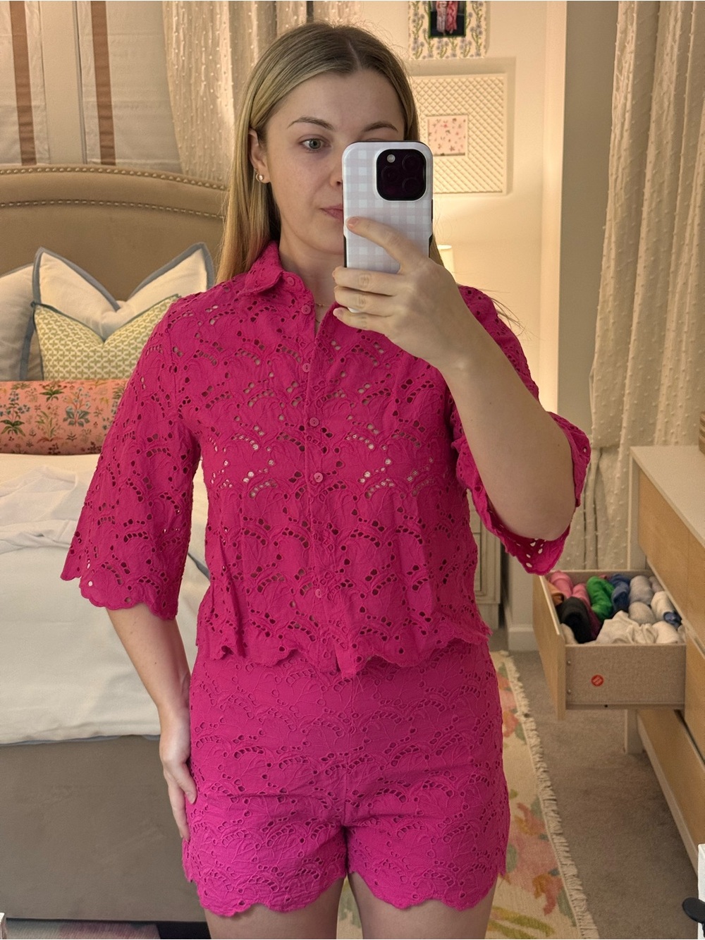 Mango Fuchsia Eyelet Button-Down Top
